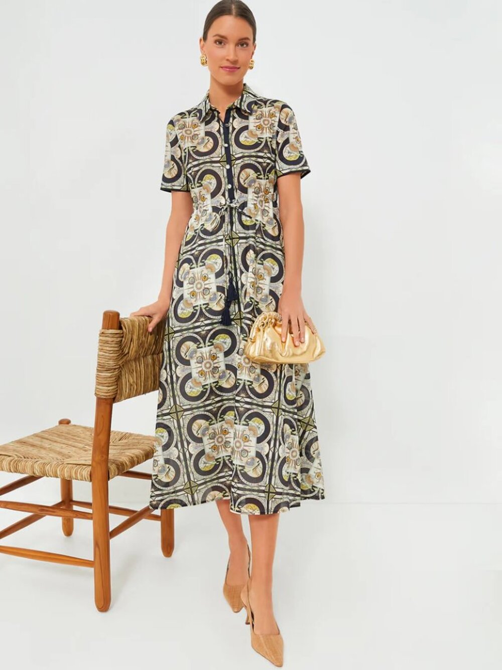 Tory Burch Sundial Printed Shirt Dress Sun Compass Astrology Navy Blue L